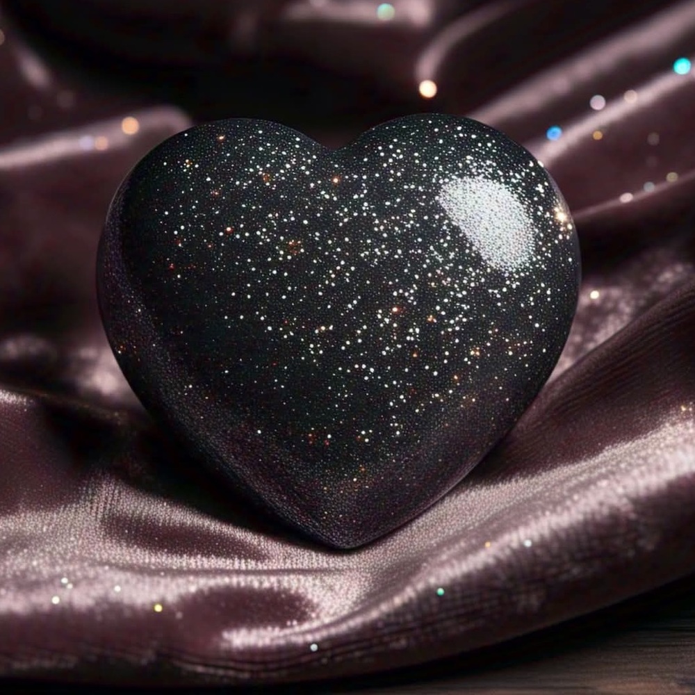 Black Sparkly Glass Heart Worry Stone Palm Pocket Gem Gothic Decor Gift 1.25”
